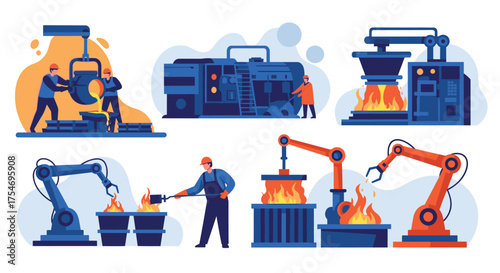 Industrial metal casting and manufacturing processes with robotic automation.