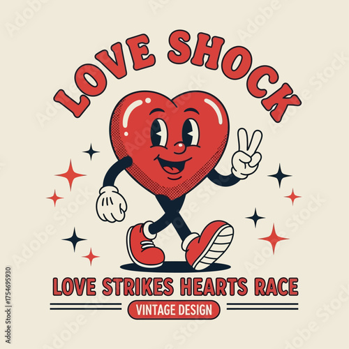 A cheerful walking heart mascot in a vintage rubber hose cartoon style making a peace gesture, representing love and happiness