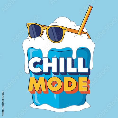 Vector art of a frosty blue drink with sunglasses and a straw, illustrating a relaxed and cool summer vacation concept