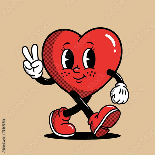 A cute walking heart character in a retro cartoon style, smiling and giving a peace sign gesture. Vintage love mascot illustration