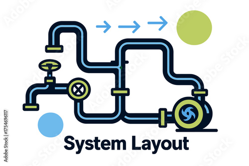 Glowing Pipe Diagram. Pipe connection diagram. Abstract layout of glowing pipelines with valves, T-joints, and