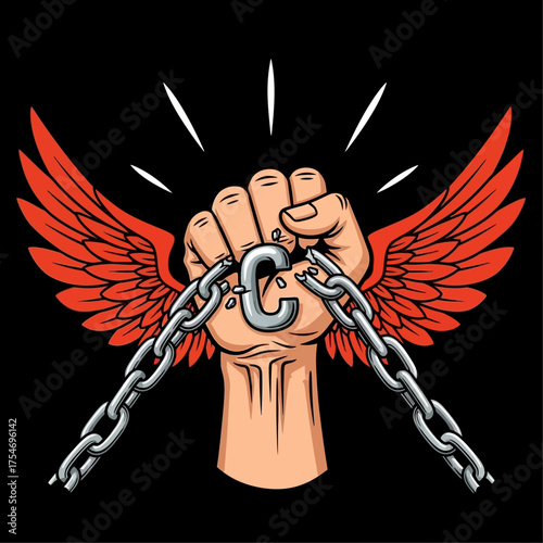A powerful symbol of freedom and liberation, a clenched fist with vibrant red wings shatters heavy metal chains on a black background
