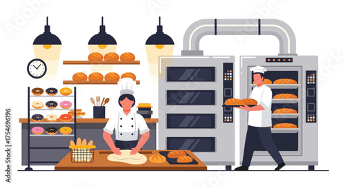 Bakers are busy preparing fresh bread and donuts in a modern bakery.