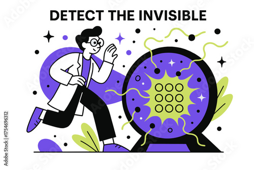 Neutrino Detector Exploration. The role of neutrinos in astrophysics. Character observing glowing neutrino