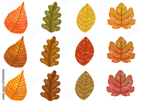 Set of autumn leaves in orange-red tones, hand-painted