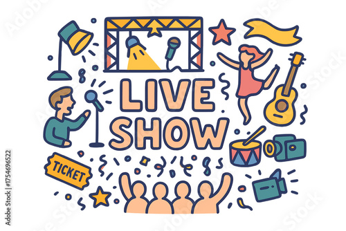 Colorful Live Show Doodle. Live Show. Hand-drawn doodle illustration of Live Show. stage, spotlight,