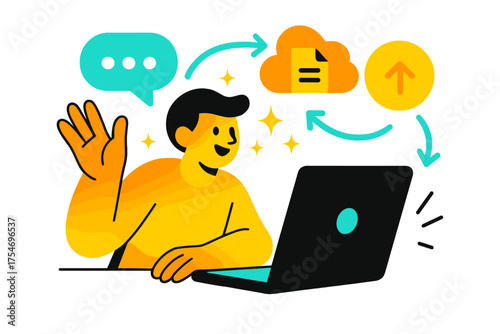 Dynamic Remote Collaboration. Remote collaboration. A glowing character video calling on a laptop with