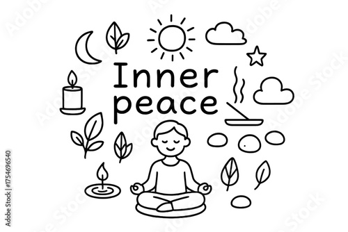 Inner Peace Illustration. Inner peace. Hand-drawn doodle illustration of Inner peace. Person sitting, lotus