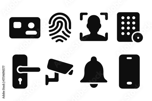 Access Control Icons. Access Control. Filled icon set of Access Control: keycard, fingerprint, facial