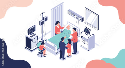 A patient receives compassionate care from medical professionals and family members in a hospital room.