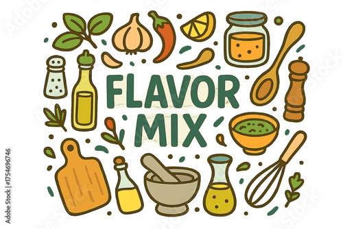 Flavor Mix Doodle. Flavor Mix. Hand-drawn doodle illustration of Flavor Mix. herbs, garlic, chili, lemon, jar,