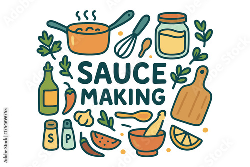 Sauce Making Essentials. Sauce Making. Hand-drawn doodle illustration of Sauce Making. saucepan, whisk, jar,