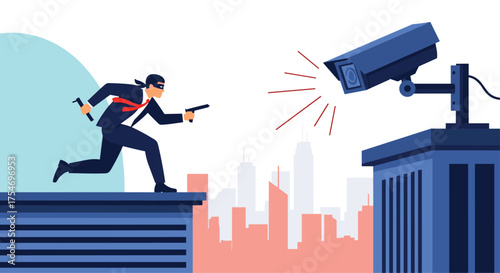 A robber attempts to evade surveillance cameras while on a rooftop.
