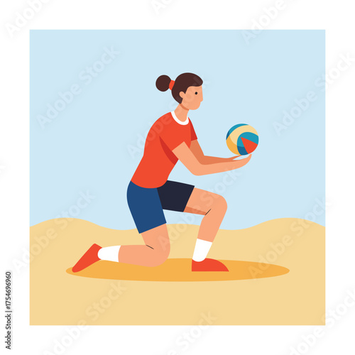 Woman kneeling on sand holding a volleyball female