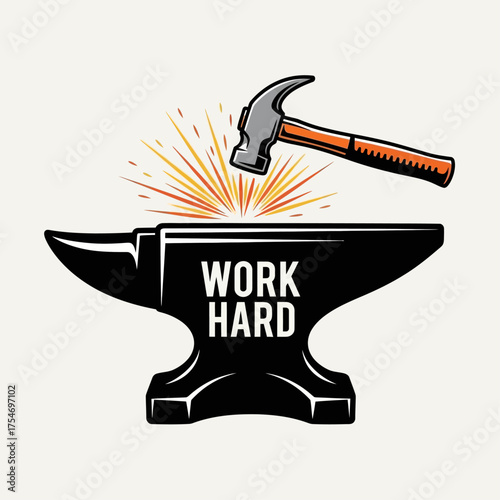 A powerful illustration of a hammer striking a classic anvil, representing hard work and craftsmanship in a vintage emblem design