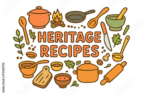 Heritage Cooking Icons. Heritage Recipes. Hand-drawn doodle illustration of Heritage Recipes. clay pot,