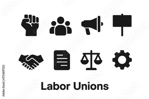 Labor Union Icons. Labor Unions. Filled icon set of Labor Unions: raised fist, group of people, megaphone,