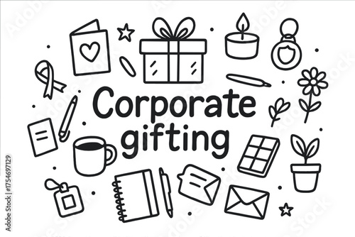 Corporate Giving Doodles. Corporate gifting. Hand-drawn doodle illustration of Corporate gifting. Gift box,