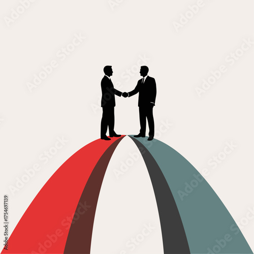 Silhouette of two businessmen finalizing a deal with a handshake on merging paths, symbolizing partnership and agreement