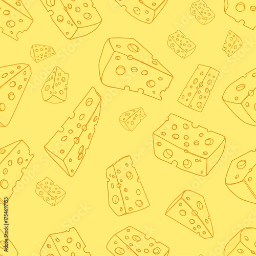 Vector illustration of a seamless cheese pattern. A repeating background design with hand-drawn doodle style cheese slices on a yellow backdrop