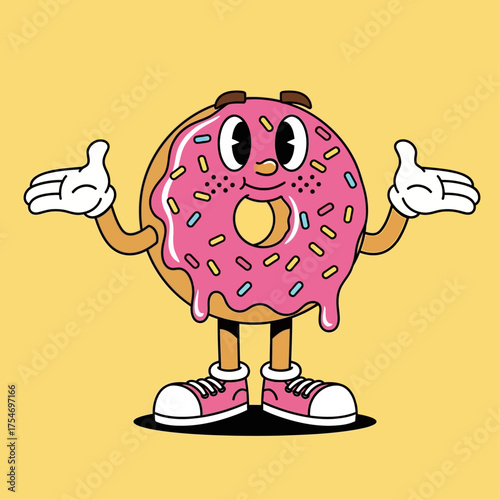 A friendly retro cartoon donut character with pink frosting and sprinkles, a cheerful food mascot illustration with a happy expression