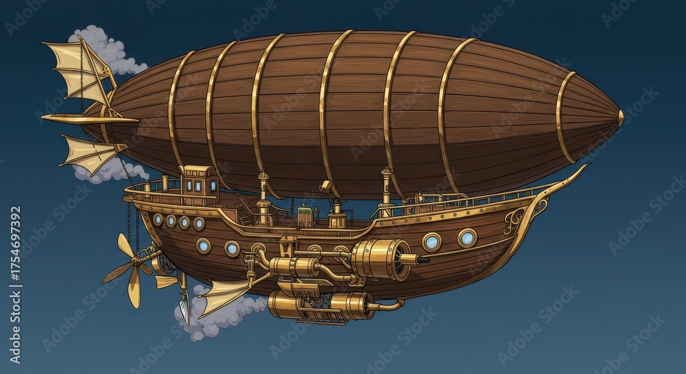 Naklejka premium Detailed illustration of a vintage wooden airship with brass accents flying.