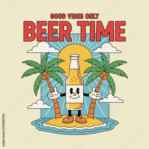 Retro cartoon beer bottle character on a tropical island with palm trees and a smiling sun, a vintage mascot illustration for summer