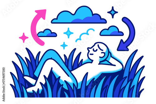 Harmony in Nature. Serene landscape. A glowing character lying in tall grass, gazing at drifting clouds with