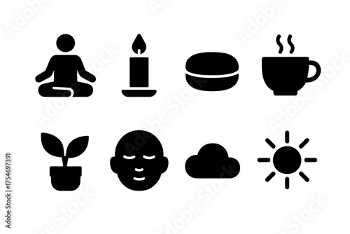 Mindful Relaxation Icons. Mindful Relaxation. Filled icon set of Mindful Relaxation: lotus pose, candle,