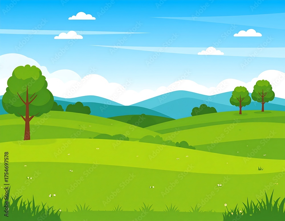 Fototapeta premium Cartoon scenic landscape of green rolling hills with trees, grass, and blue sky
