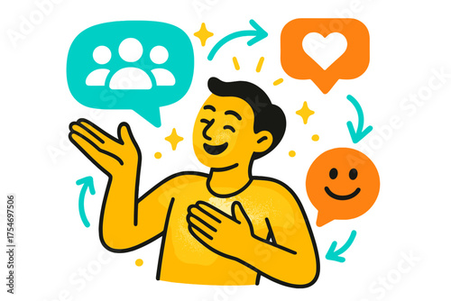 Positive Social Interaction. Positive engagement. A glowing character interacting with abstract floating