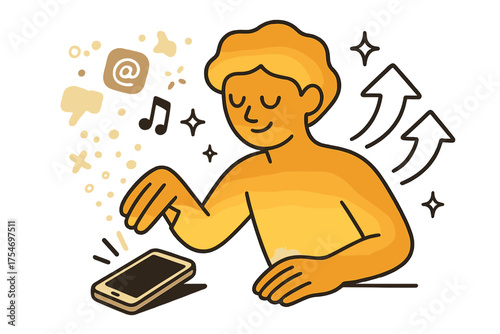 Digital Detox Relief. Digital detox. A glowing character putting down a smartphone with floating abstract