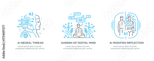 Set of illustrations artificial intelligence helps humans. technology, partnership, artificial intelligence business robot, cybes. linear illustration Icons infographics. Landing page site print