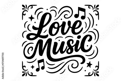 Love Music Artistry. “Love Music”. modern hand lettering, smooth curves, balanced composition, clear readable