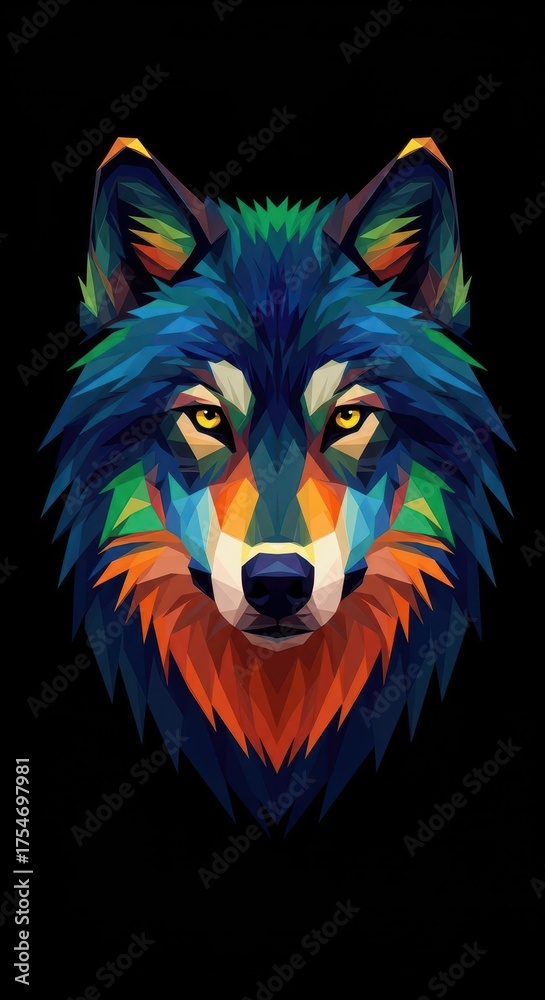 Fototapeta premium Geometric wolf head with vibrant polygonal art and yellow eyes.
