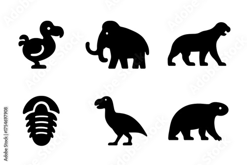 Extinct Species Icons. Extinct Species. Filled icon set of Extinct Species: dodo bird, mammoth, saber-tooth