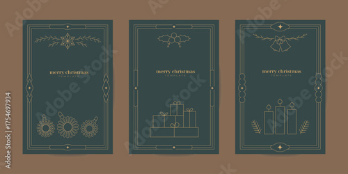 Luxury line Merry Christmas, Happy New year banner, poster, invitation card templates set. Linear holiday festive vector decor with candle, bauble, fir branch, holly on green background