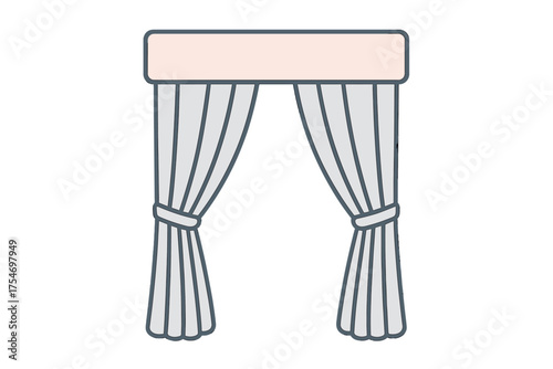 Simple tied back window curtains hanging from a decorative valance board