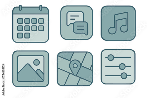 Essential mobile application icons set featuring calendar, chat, music, gallery, map, and settings controls