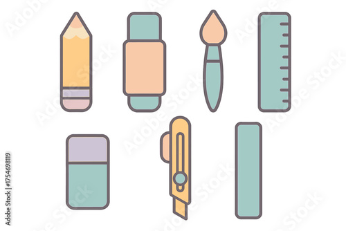 Collection of essential school and office supplies icons including pencil, ruler, and cutter