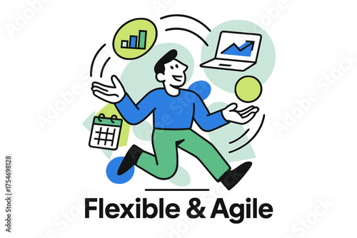 Juggling Workplace Tasks. Workplace adaptability. Character juggling glowing abstract tasks and orbiting