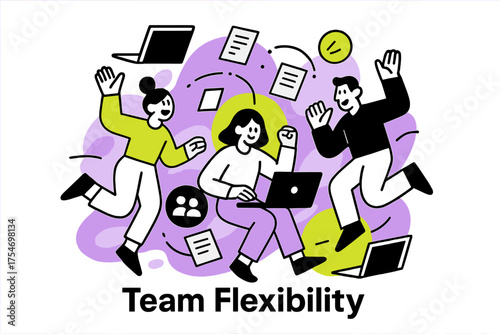 Adaptable Office Scene. Workplace adaptability. Abstract glowing office scene with floating laptops, documents