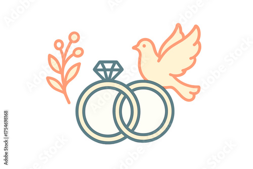 Interlocking wedding bands with diamond ring, flying dove, and decorative sprig symbolizing marriage