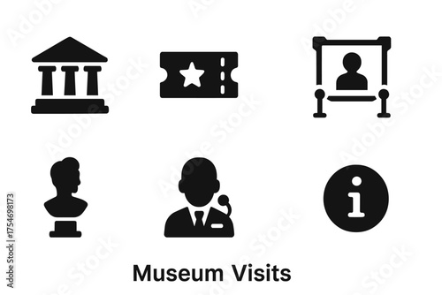 Museum Icons Set. Museum Visits. Filled icon set of Museum Visits: museum building, ticket, painting,