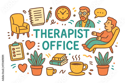 Therapist Office Doodle. Therapist Office. Hand-drawn doodle illustration of Therapist Office. chair, sofa,