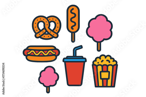 Popular carnival and fair food items including popcorn, hot dog, pretzel, corn dog, and soda
