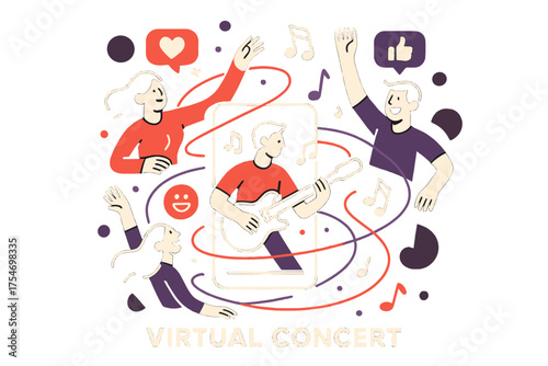 Virtual Concert Vibes. Music and social media. Abstract glowing concert livestream with orbiting audience