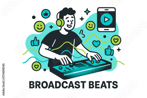 Broadcasting Beats. Music and social media. Character live streaming glowing music set with floating abstract