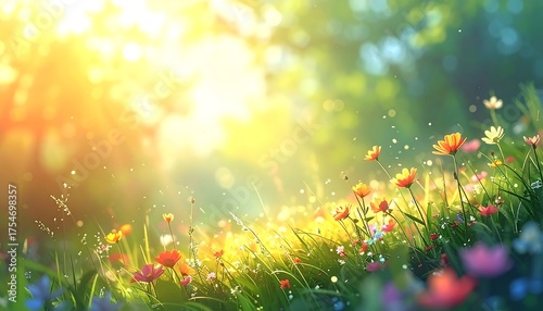 Fototapeta Naklejka Na Ścianę i Meble -  A sun-drenched meadow showcases colorful wildflowers and green grass, with light streaming through trees and a blurred background creating a bright scene