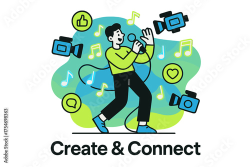 Vibrant Music Creation. Music and social media. Character recording glowing music video with floating cameras,